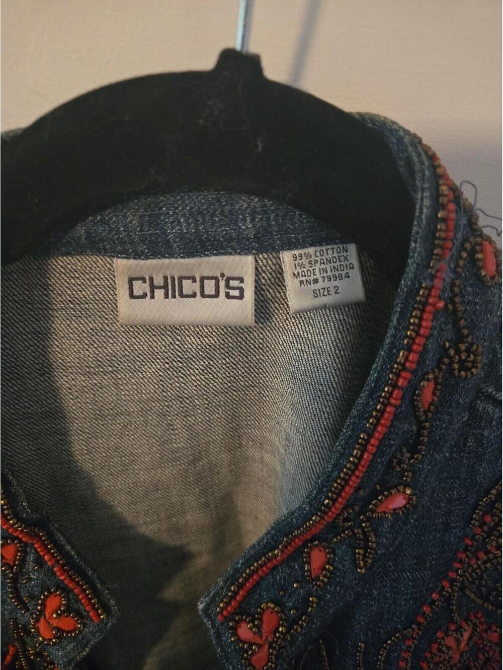 Chico's Vintage Beaded Embroidered Denim Jacket Size 2 - Picture 2 of 5
